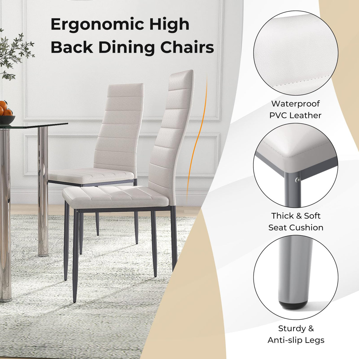 Tangkula 5 PCS Dining Table Set, Modern Tempered Glass Top and PVC Leather Chair w/4 Chairs, Dining Room Kitchen Furniture (White and Silver) Tangkula