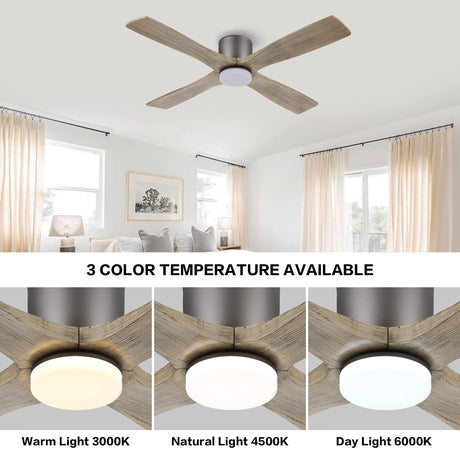 WINGBO 48 Inch Flush Mount DC Ceiling Fan with Lights and Remote, 4 Reversible Carved Wood Blades, 6-Speed Noiseless DC Motor, Hugger Ceiling Fan in Graphite Finish with Gray Blades, ETL Listed WINGBO