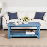 Rustic Rectangular Coffee Table, 42 in. W x 24 in. D x 18 in. H, Living Room Blue Antique, W/ (1) 36 in. W x 18 in. D x 10 in. H Shelf, Farmhouse/Cottage Style, Select Hardwood/Construction Alaterre Furniture