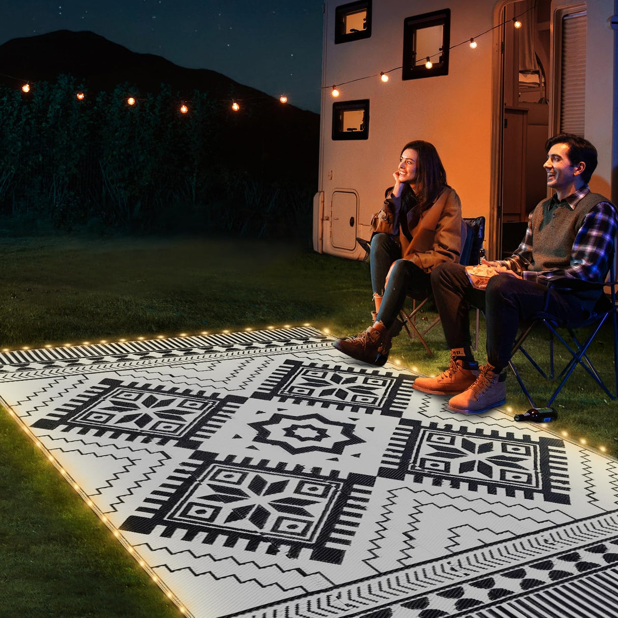 8x10ft Waterproof Outdoor Rug with LED Lights, Boho Reversible Plastic Straw Mat for Patio RV Camping Picnic Balcony Beach Deck Indoor Outdoor Carpet, Black&White DiiKoo