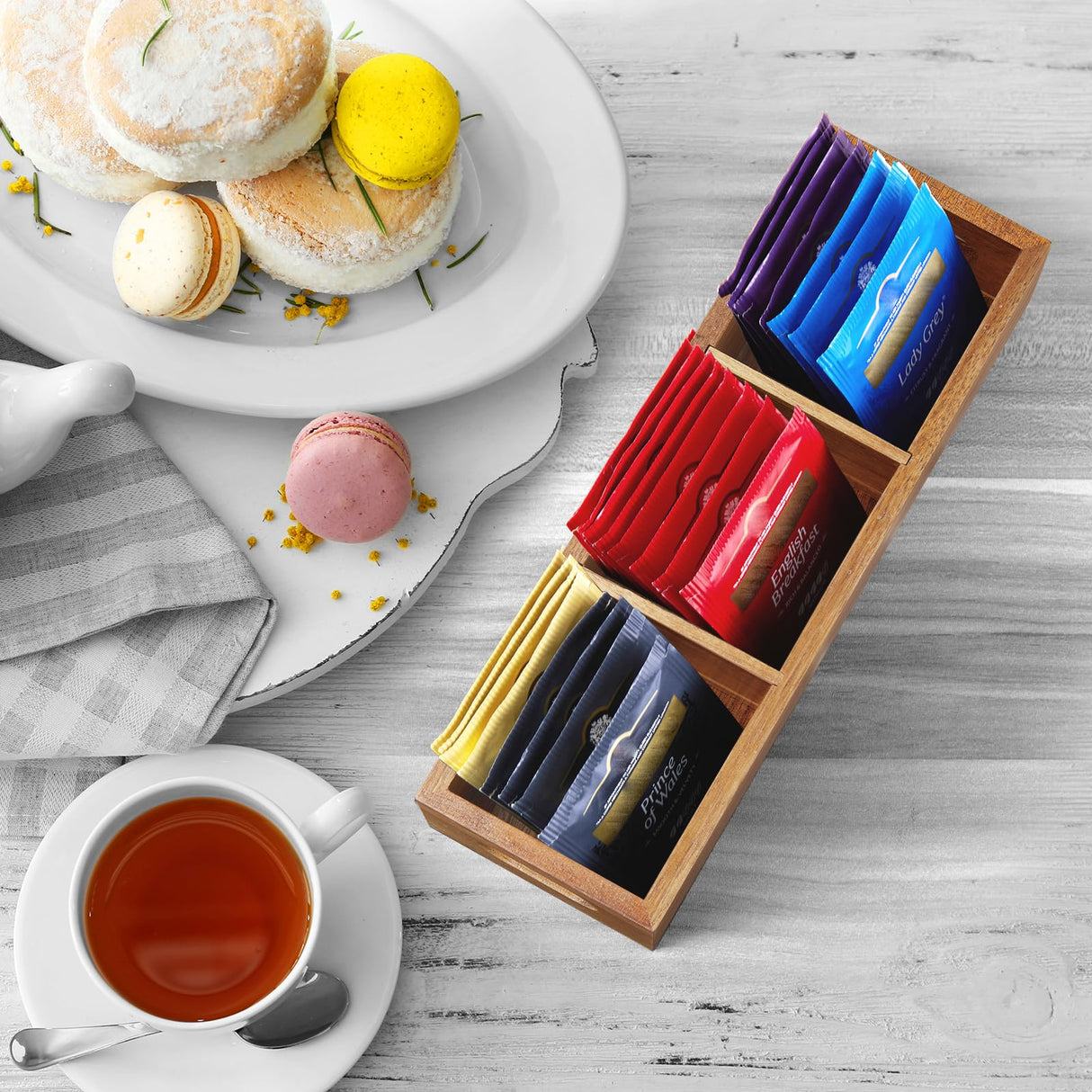 DRASTAR Tea Bag Organizer, Acacia Tea Bag Holder, Tea Storage Containers with 3 Slots, Wooden Tea Storage Accessories, Mini Tea Bag Caddy Box for Countertop DRASTAR