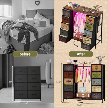 VASICAR 10 Drawers Dresser for Bedroom with Hanging Rack, Wood Top Chest of Drawers with Charging Station LED Lights, Colorful Clothes Organizer Storage Drawer Units for Closets, Nursery VASICAR