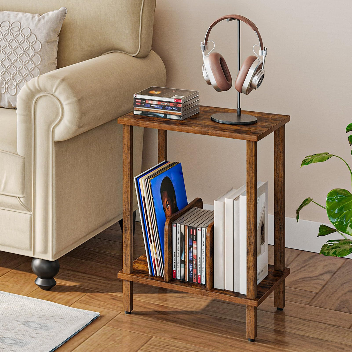 HOOBRO Record Player Stand, 2-Tier End Table, Vinyl Record Turntable Stand with Storage up to 100 Albums, Small Side Table for Living Room, Bedroom, Rustic Brown, FG05RS01 HOOBRO