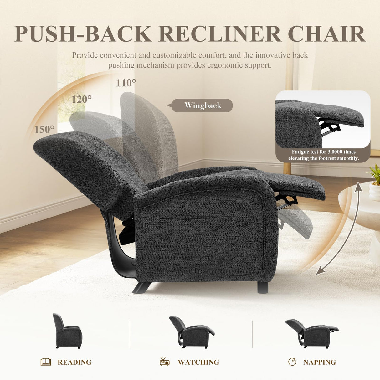 Pushback Recliner Chair, Wing Back Chairs with Arms, Adjustable Modern Single Reclining for Living Room/Bedroom,Fabric Accent Chair Extrathick Cushion COLAMY