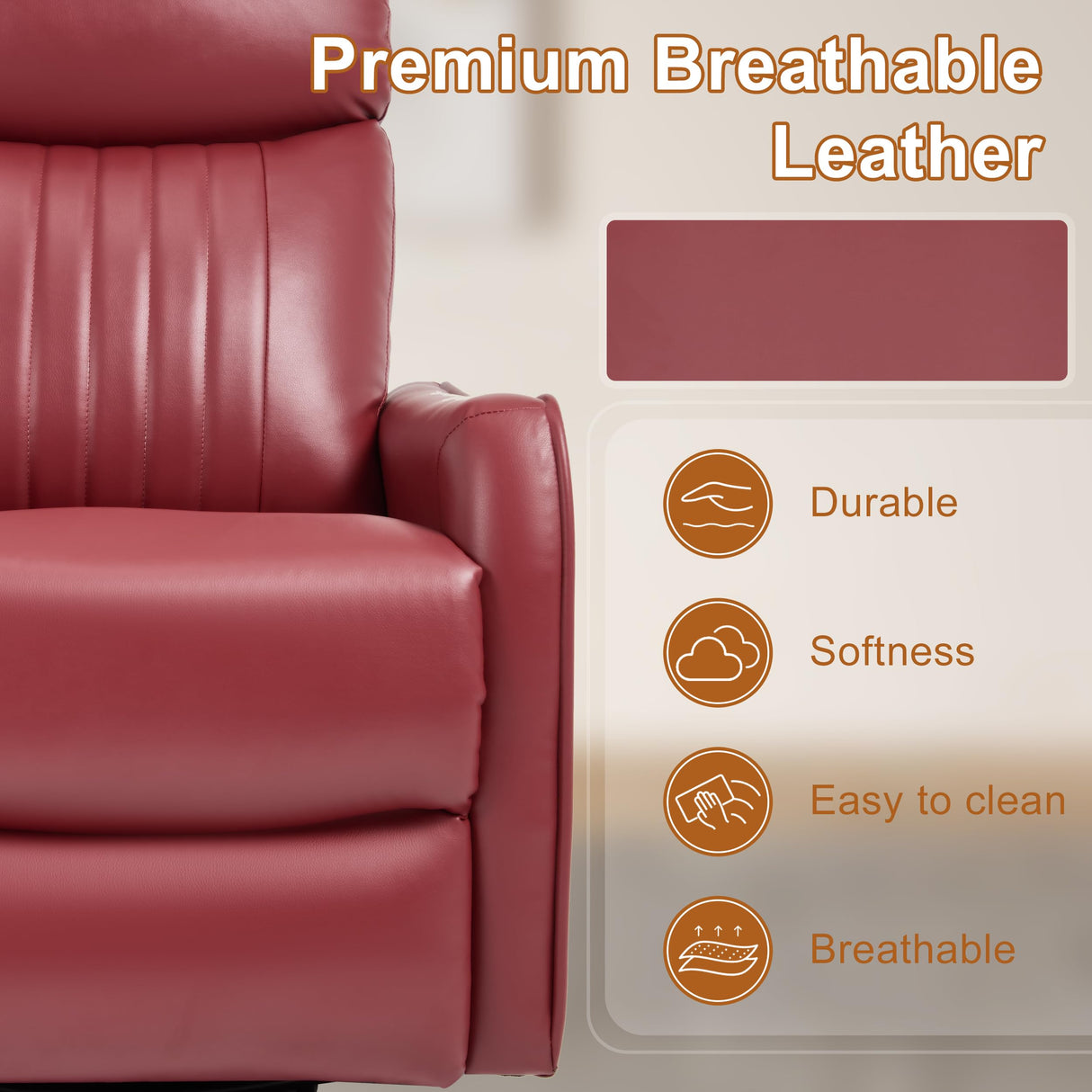 Manual Swivel Rocker Recliner Chair for Adults, Overstuffed Reclining Glider Chair for Nursing with Vibration Massage & Heat, Living Room Rocking Recliner 2-Stage backrest, Faux Leather Red EZZUP