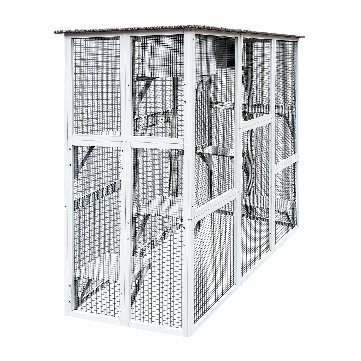 Miscoos Outdoor Wooden Cat Catio - Large Solid Wood Cat Cage Playpen with 8 Jumping Platforms & 2 Napping Houses, Walk-in Cat Kennel Condo Shelter, White