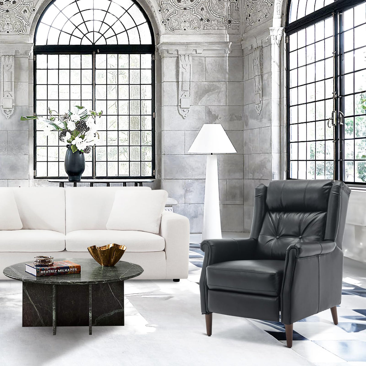 COLAMY Wingback Pushback Recliner Chair, Modern Upholstered Leather Living Room Chair Armchair with Button Tufted Back, Black COLAMY