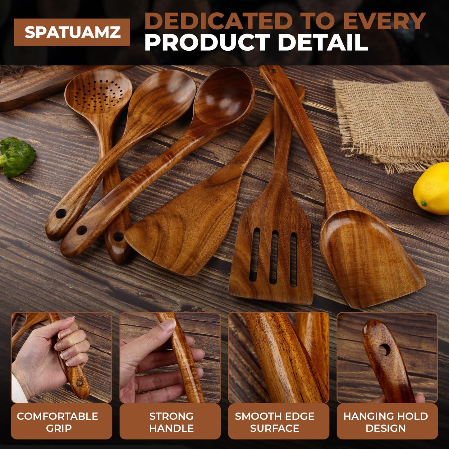 Wooden Cooking Spoons, Ladle and Spatula, Fine Polished Teak Wood Cooking Utensils Set, Nonstick Wooden Kitchen Spoon & Spatula Set(6Pcs)