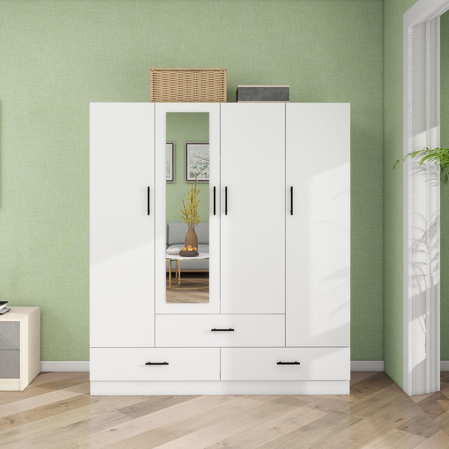 TemkTuek Wardrobe Closet with Doors- 4 Door Wood Wardrobe Bedroom Closet with Clothing Rod Inside Cabinet, 3 Drawers for Storage and Mirror, Bedroom Armoire Wardrobe Closet - WoodArtSupply