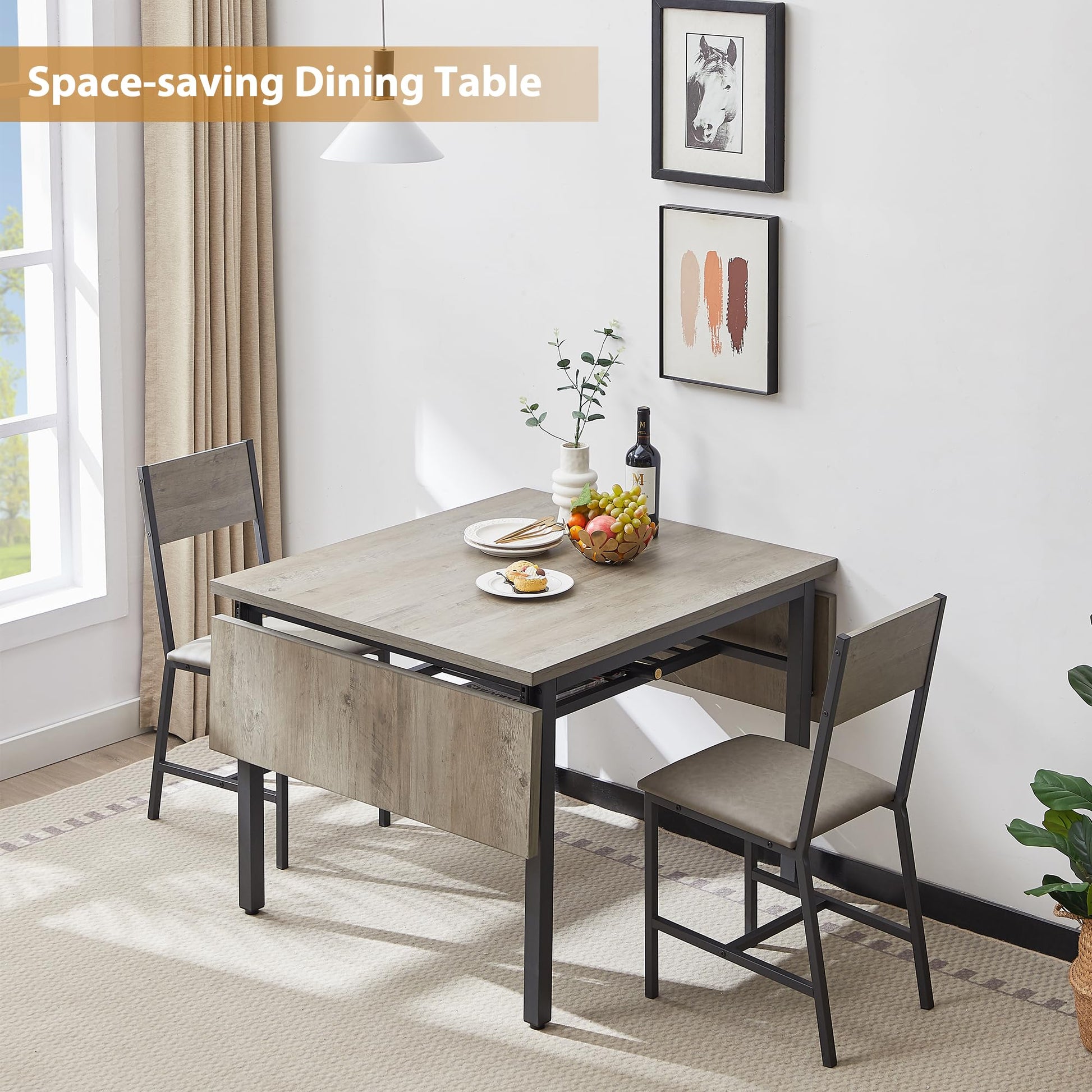 Tmsan 63.2" Folding Dining Table for 4-6 People, Drop Leaf Table with Storage Rack Extendable Kitchen Dinner Table for Small Spaces (Grey) - WoodArtSupply