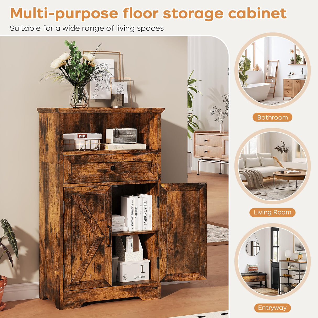 Viroformo Floor Cabinet, Farmhouse Storage Cabinet with Barn Doors and Drawer, 11.81" D x 23.62" W x 39.37" H Rustic Brown Freestanding Adjustable Shelf Organizer for Bathroom, Kitchen, Living Room Viroformo