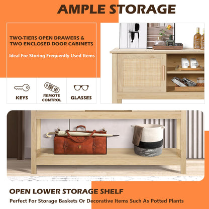 LAZZO 47" Rattan Console Table - Multi-Functional Narrow Entryway & Sofa Table with Storage Cabinets and Drawers