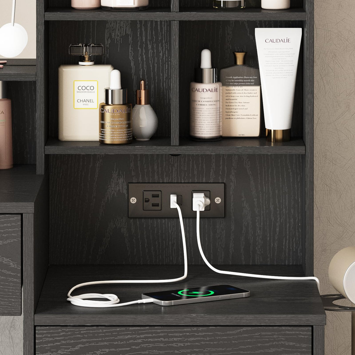 Vabches Black Vanity Desk with Mirror and Lights, Makeup Vanity Table with Charging Station, 3 Lighting Modes Brightness Adjustable, 4 Drawers, 8 Vabches