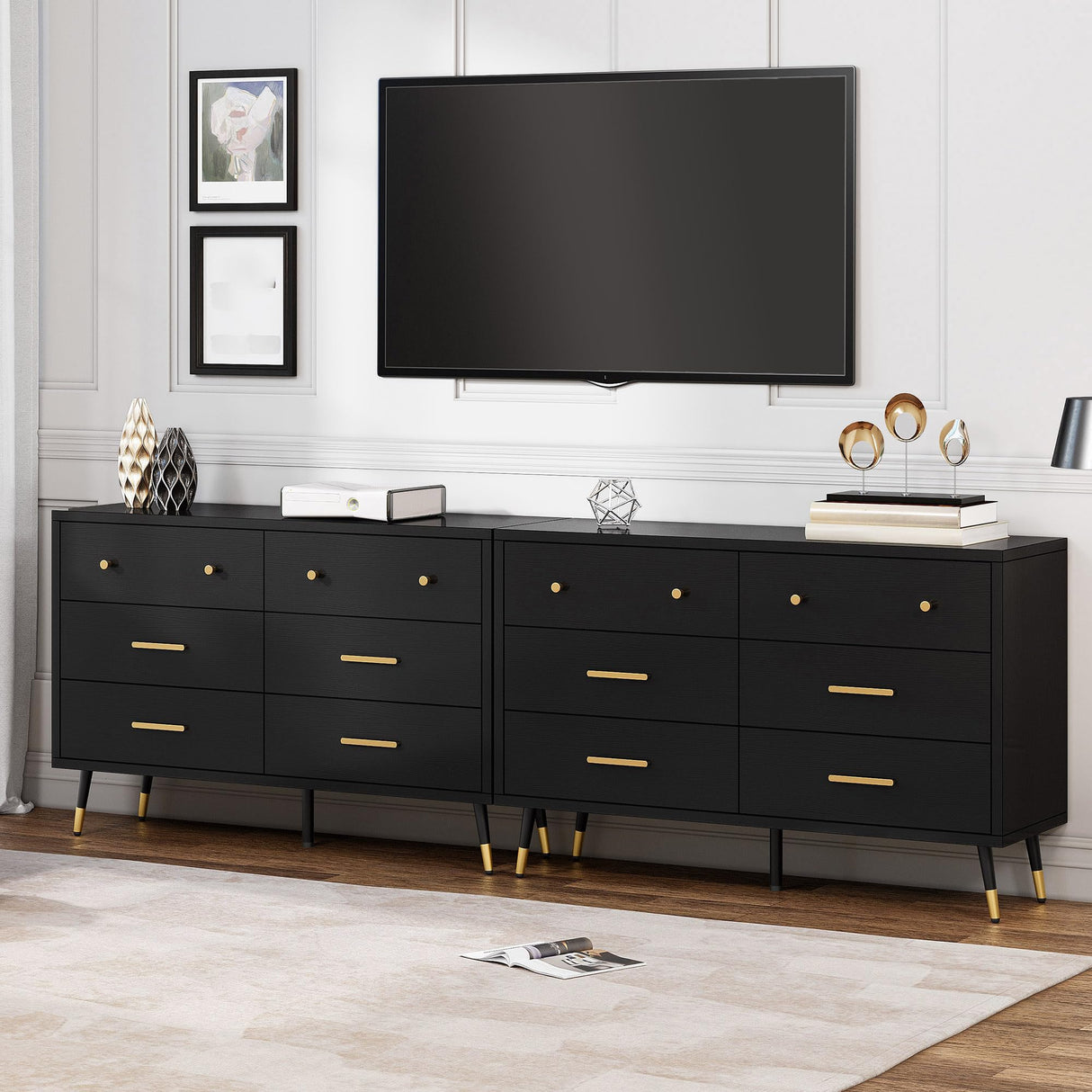 YITAHOME Black Dresser TV Stand for 55 Inch TV/6 Drawer Dresser Entertainment Center/Console Table with Metal Handles & Anti-Tipping Device for Living Room/Bedroom YITAHOME