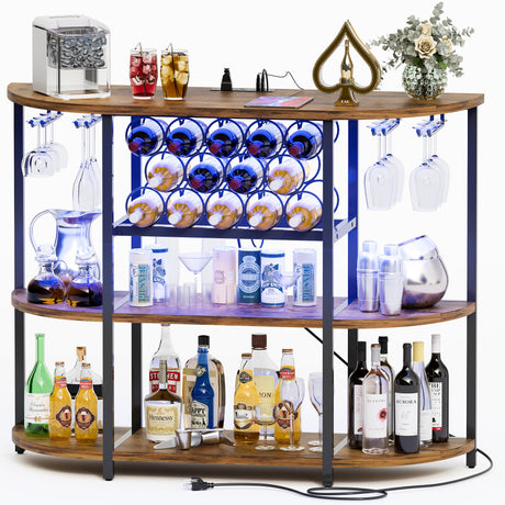 Furmax Wine Bar Cabinet for Liquor Bar Table Bar Cabinet with Lights and Outlet 4-Tier Storage Freestanding Wine Racks with Glass Holder Mini Bars for Home, Bar Furmax