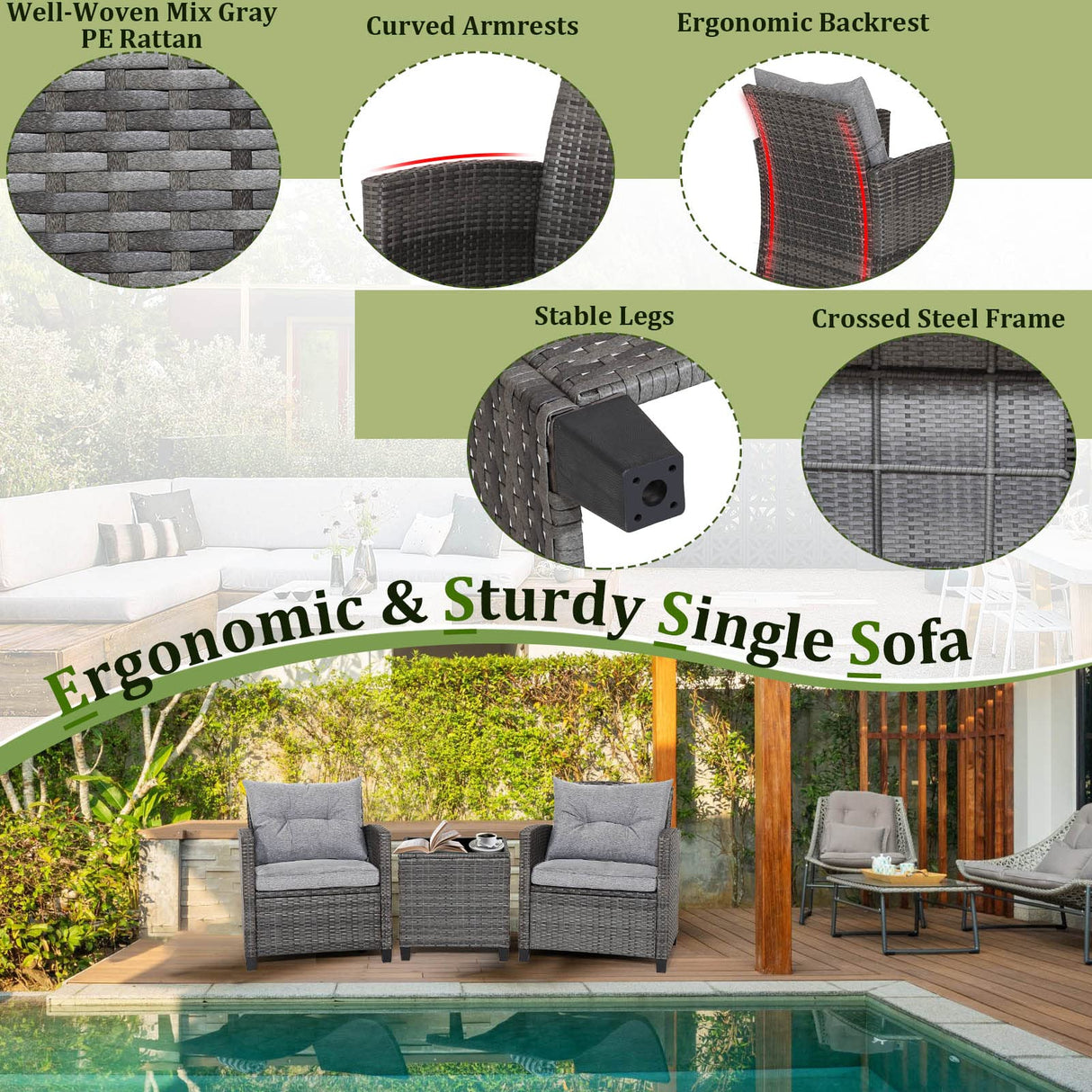 RELAX4LIFE Wicker Patio Furniture Sets - 3 Pieces Rattan Sofa Set, Outdoor Conversation Set with Tempered Glass Tabletop, Heavy-Duty Steel Frame, Wicker Chair Set for Poolside, Backyard, Grey RELAX4LIFE