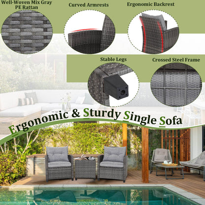 RELAX4LIFE Wicker Patio Furniture Sets - 3 Pieces Rattan Sofa Set, Outdoor Conversation Set with Tempered Glass Tabletop, Heavy-Duty Steel Frame, Wicker Chair Set for Poolside, Backyard, Grey - WoodArtSupply