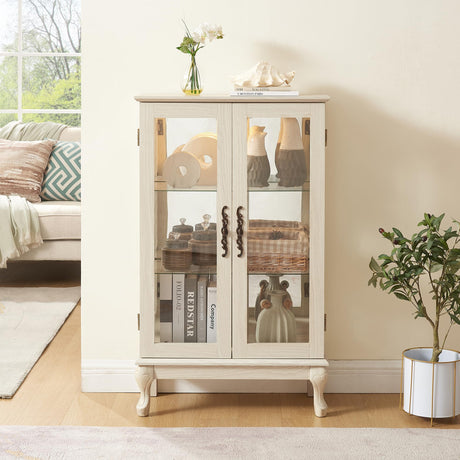 nifoti 43" H Lighted Curio Cabinet Display Case, Glass Curio Cabinet with Adjustable Shelves & Tempered Glass Door, Wooden Curio Cabinet with Mirrored Back Pane for Living Room (Antique White) nifoti