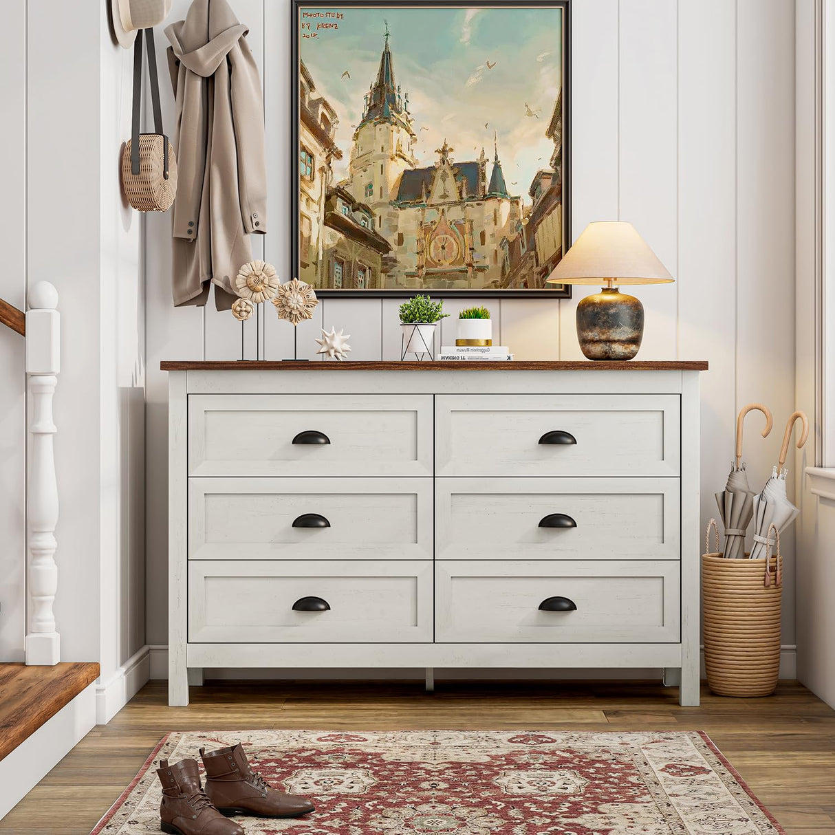 Wananlanen Farmhouse Dresser for Bedroom, Antique Double 6 Drawer Dresser & Chest of Drawer with Metal Handle and Storage, Wood Rustic Dresser Organizer for Living Room(Antique White) Wananlanen