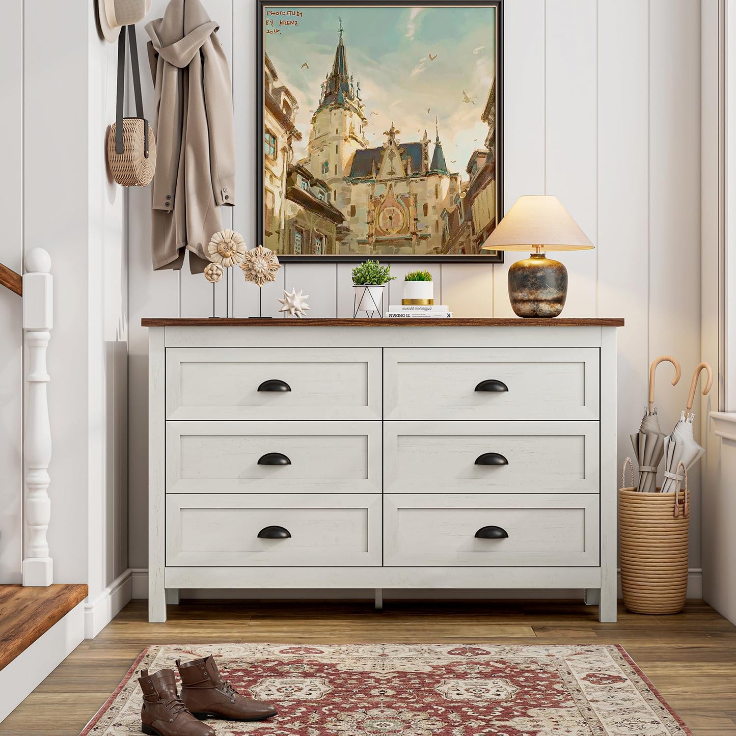 Wananlanen Farmhouse Dresser for Bedroom, Antique Double 6 Drawer Dresser & Chest of Drawer with Metal Handle and Storage, Wood Rustic Dresser Organizer for Living Room(Antique White)