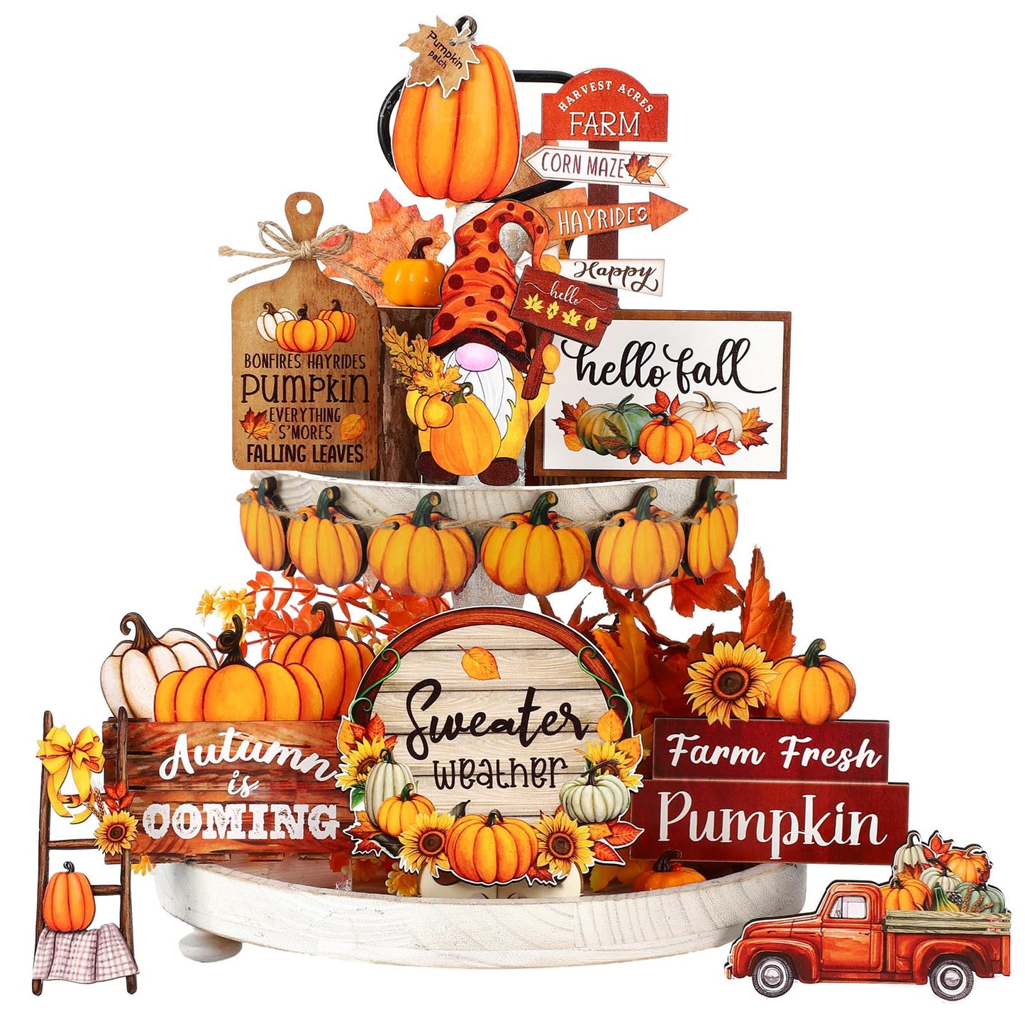 16 Pcs Fall Tiered Tray Decor Pumpkin Gnome Truck Wooden Signs Fall Table Decorations Centerpieces Farmhouse Thanksgiving Decor for Home Autumn Harvest Table Shelf Decor - WoodArtSupply