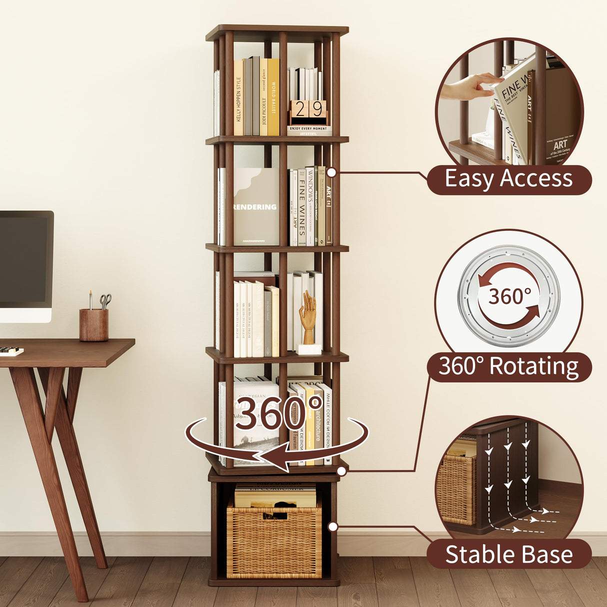 IOTXY 5-Tier Rotating Bookshelf Tower - Beech Wood Frame Spinning Bookcase with Storage Base, Tall Freestanding Revolving Shelf Organizer, Walnut IOTXY