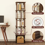 IOTXY 5-Tier Rotating Bookshelf Tower - Beech Wood Frame Spinning Bookcase with Storage Base, Tall Freestanding Revolving Shelf Organizer, Walnut IOTXY