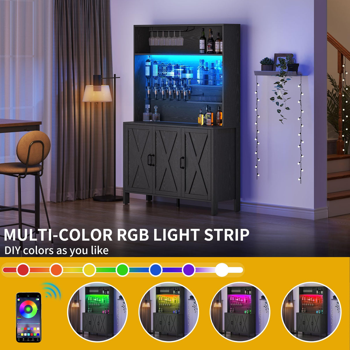 DWVO Tall Liquor Cabinets with LED Light, 71" Wine Liquor Bar Cabinet w/ 6-Bottle Liquor Dispenser & Wine Rack, Farmhouse Kitchen Cabinet for Dining Room, Black DWVO