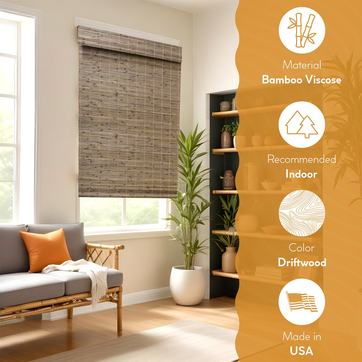 Radiance Cordless Bamboo Roman Shades for Windows - Flatstick Bamboo Blinds for Semi-Private Light Control - Easy to Lift & Fold Up Window Shades - Driftwood - 22.5 in. W x 64 in. L - (2216600E) Radiance