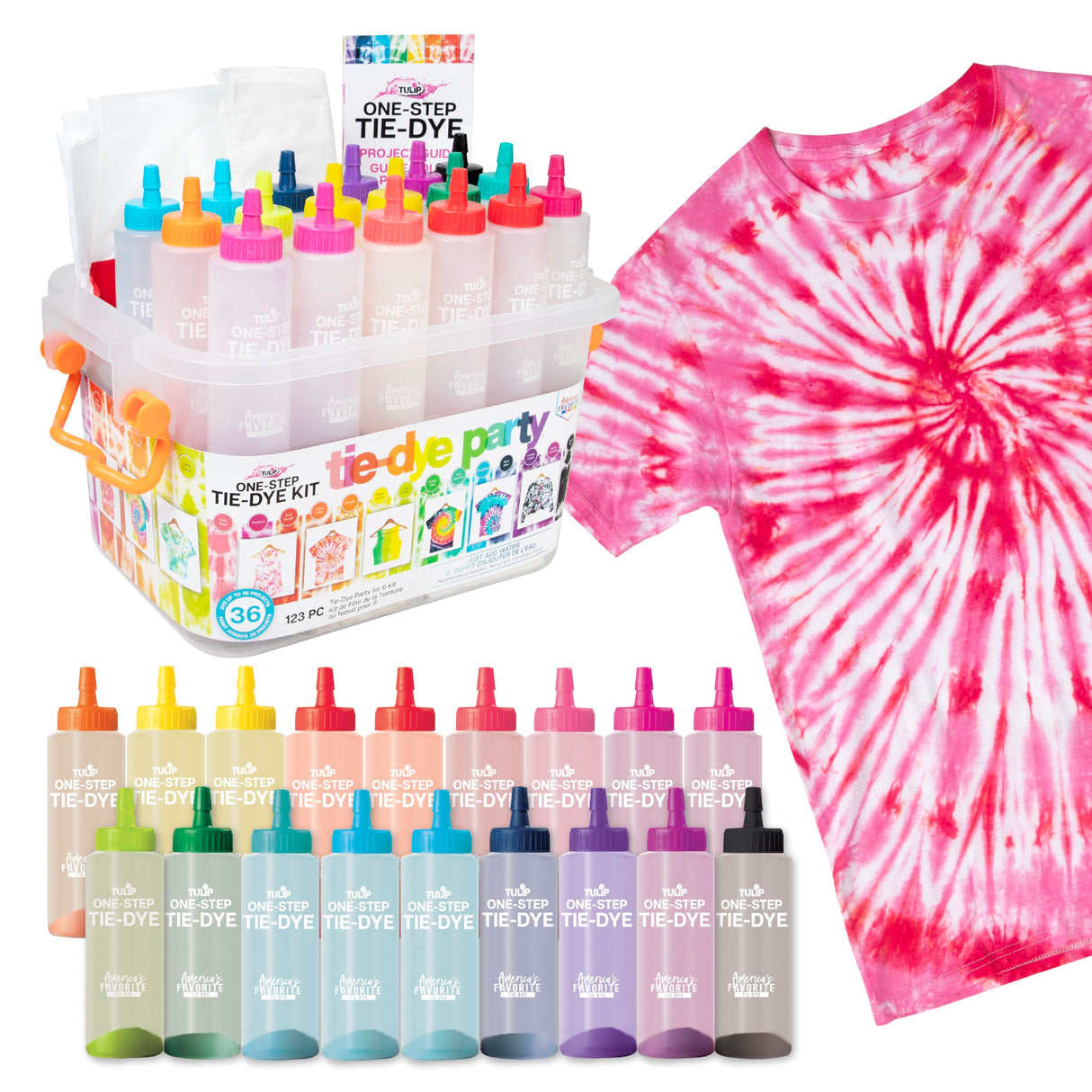Tulip One-Step Tie-Dye Party, 18 Pre-Filled Bottles, Creative Group Activity, All-in-1 Fashion Design Kit, 1 Pack, Rainbow Tulip