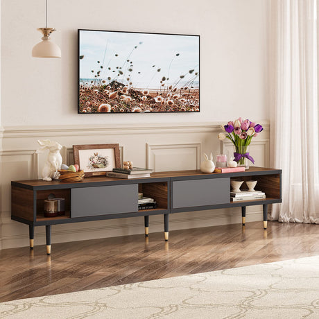 Bestier Mid Century Modern TV Stand for 85 inch tv, Entertainment Center with Storage and Sliding Doors, 2 in 1 Long TV Cabinet for Living Room, Ancona Walnut Bestier