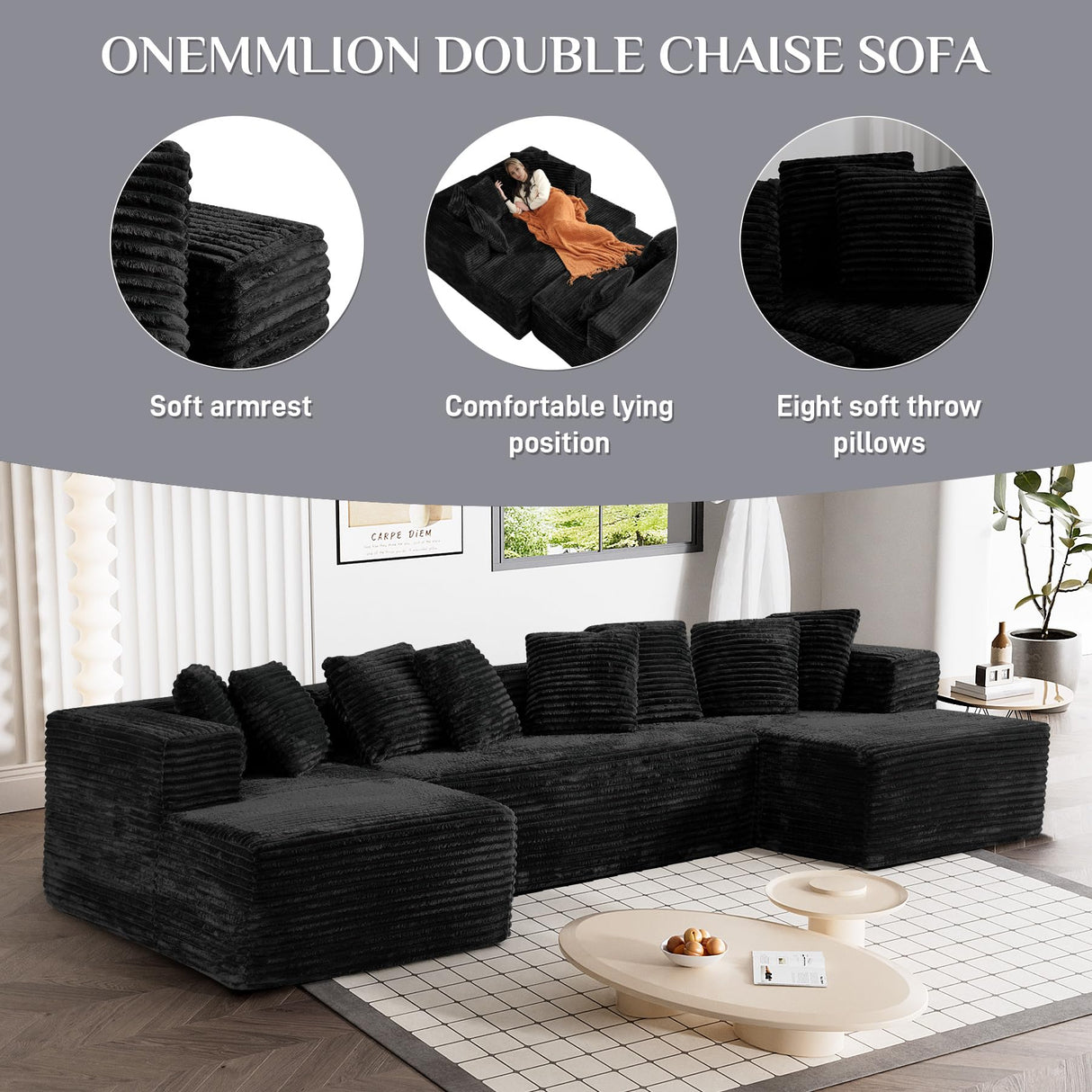 ONEMMLION Modular Sectional Sofa Cloud Couch, 131" Black Boneless Couches for Living Room, Comfy Deep Seat Plush Corduroy Sofa, Modern Fluffy Memory Foam U Shape Sectional Couch with Chaise Lounge ONEMMLION