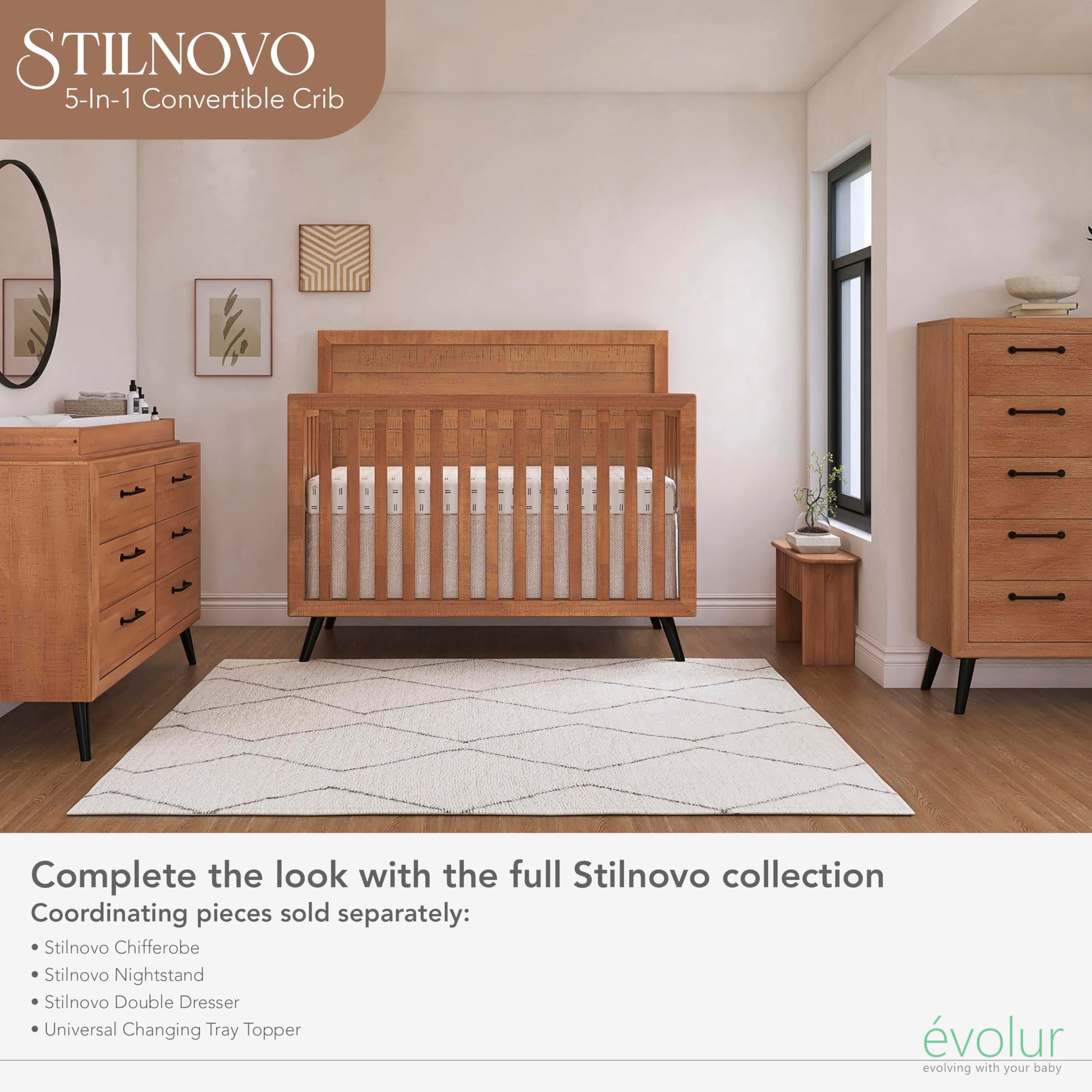 Evolur Stilnovo Mid Century 4-in-1 Convertible Crib - WoodArtSupply