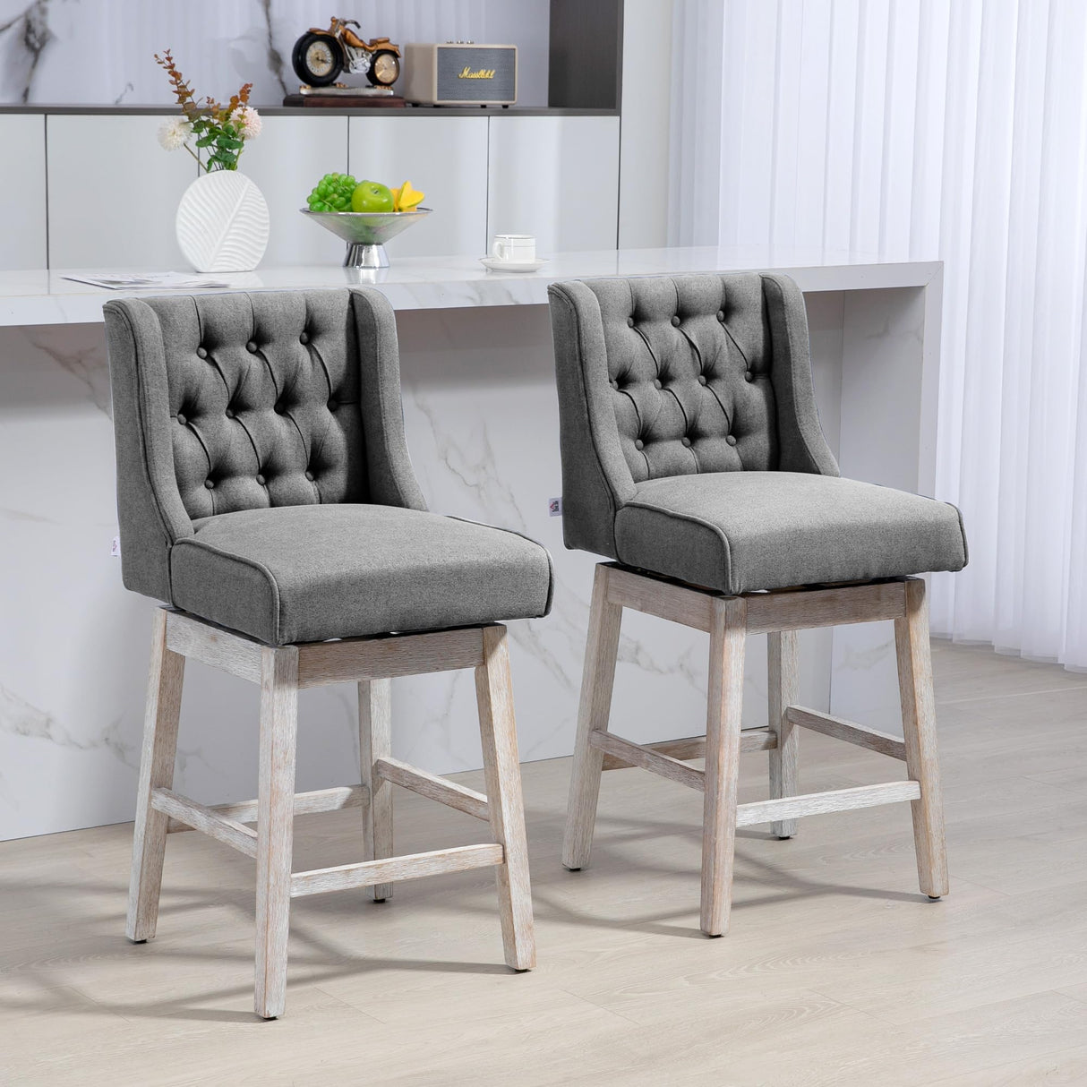 HOMCOM Counter Height Bar Stools Set of 2, 180 Degree Swivel Barstools, 27" Seat Height Bar Chairs with Solid Wood Footrests and Button Tufted Design, Gray HOMCOM
