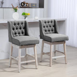 HOMCOM Counter Height Bar Stools Set of 2, 180 Degree Swivel Barstools, 27" Seat Height Bar Chairs with Solid Wood Footrests and Button Tufted Design, Gray HOMCOM