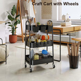 3 Tier Black Metal Rolling Cart with Lockable Wheels & Hanging Cups, Utility Storage Organizer for Bathroom, Kitchen, Laundry, Garage, Craft, Baby Diaper, Snack and Book, Easy Assembly Recximi