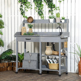 Outsunny Potting Bench Table, Outdoor Garden Table Wooden Work Station with Removable Sink, Faucet, Drawer, Shelves, Hooks, Gray Outsunny