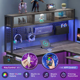 SEDETA L Shaped Desk, 94.5 Inch Home Office Desk with Power Outlet & Pegboard, L Shaped Gaming Desk with LED Light, Keyboard Tray, Storage Shelves and Headphone Hook for Home Office, Grey SEDETA