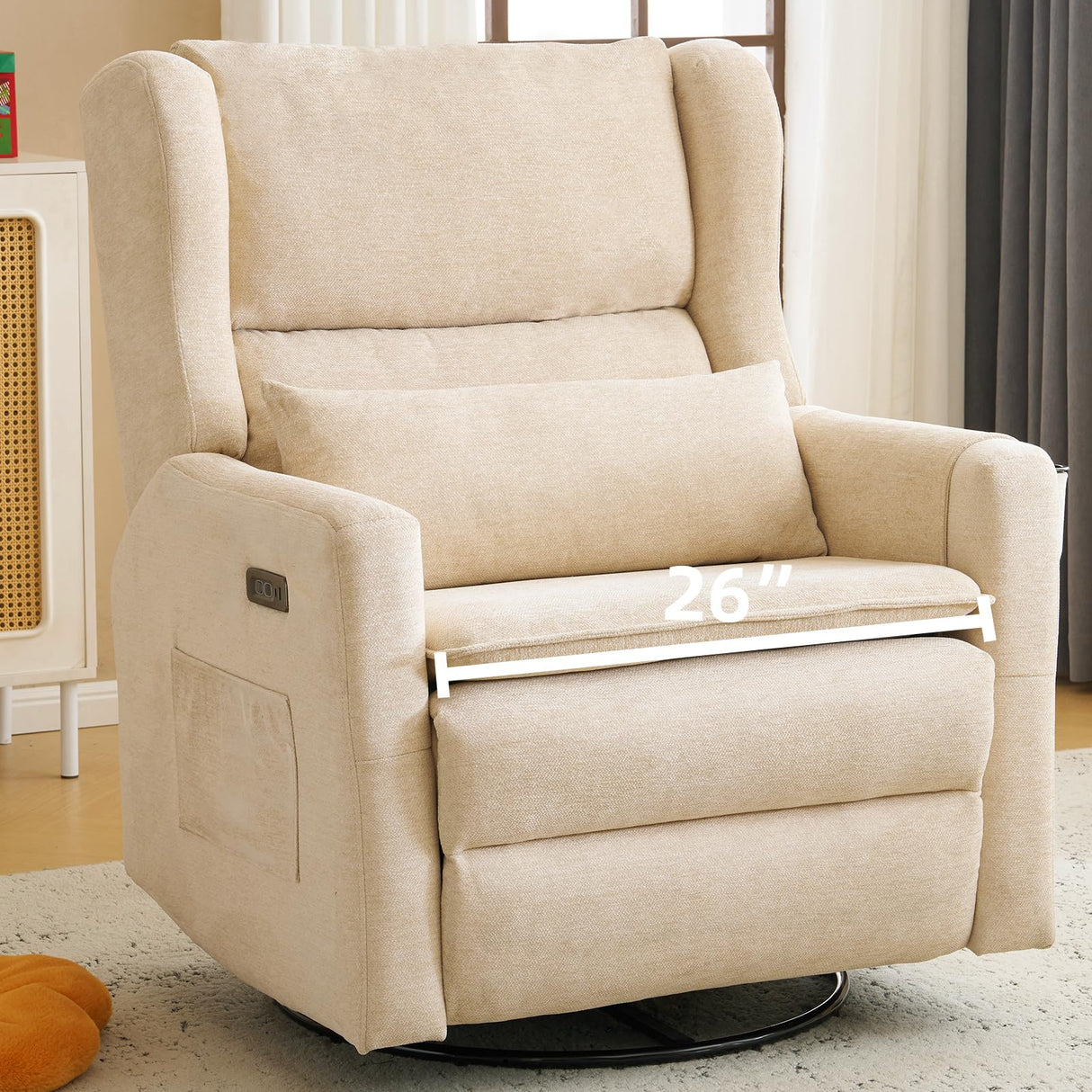 Rhevoy Oversized Swivel Rocker Recliner Chair, 26" Extra Wide Glider Nursery Chair with Adjustable Headrest, Chenille Power Recliner Rocking with Double Cushion, Cup Holder, Beige Rhevoy