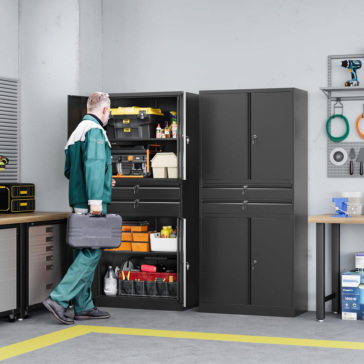 Letaya Metal Garage Storage Cabinet,71" Heavy Duty Steel Cabinet Tool Cabinet with 4 Door Lock-Adjustable Shelves and 2 Drawer for Garage Home Office Utility Room (Black) Letaya