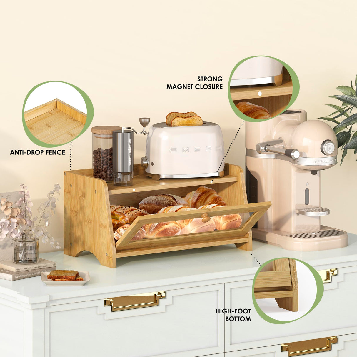 JANSNIMEN Bread Box for Kitchen Countertop, Large Bread Container Storage, Wooden Farmhouse Bread Box with Window Bread Holder (Natural Bamboo) JANSNIMEN