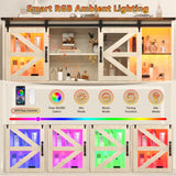 75.2" Farmhouse Makeup Vanity Desk with Large Lighted Mirror and Sliding RGB Cabinets, Large Vanity Table with Charging Station & 5 Drawers & Barn Doors, Tall Makeup Desk with Storage Shelves Aiguazi