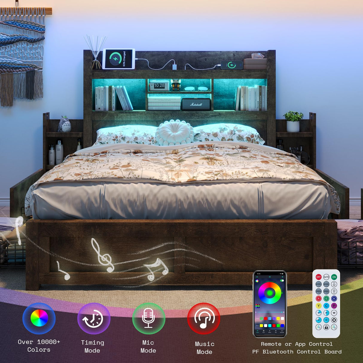 LUXOAK Queen Bed Frame with 49.6" Bookcase Headboard & 2 Detachable Bedside Stoage Racks & 4 Drawers, Farmhouse Wood Bed Frame with RGB LED & Charging Station, No Box Spring Needed, Rustic Brown LUXOAK