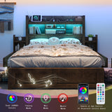 LUXOAK Queen Bed Frame with 49.6" Bookcase Headboard & 2 Detachable Bedside Stoage Racks & 4 Drawers, Farmhouse Wood Bed Frame with RGB LED & Charging Station, No Box Spring Needed, Rustic Brown LUXOAK