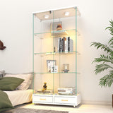 Nimaolt LED Glass Display Cabinet with 2 Door & 2 Drawer, 4-Shelf Curio Cabinet Tempered Glass Floor Standing Bookshelf with Wheels, White Storage Cabinet with Glass Doors for Collections Living Room Nimaolt