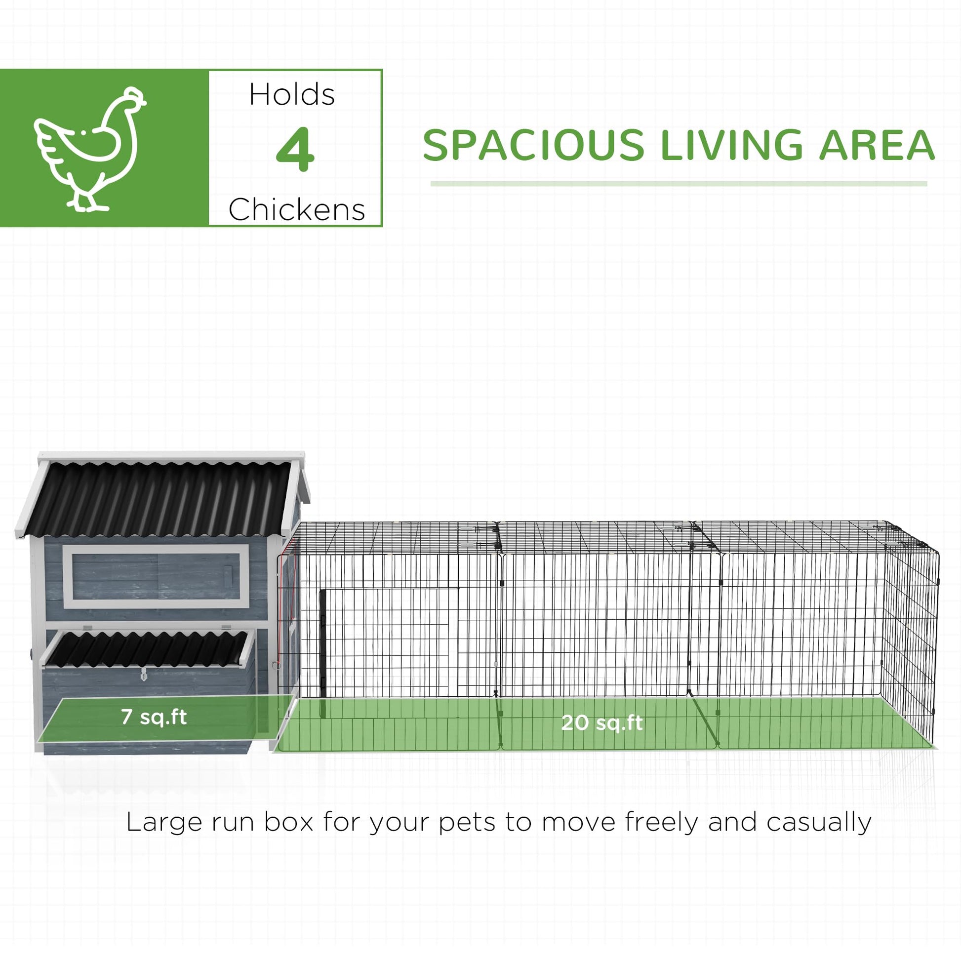 PawHut 11' x 5' x 3.5' Wooden Chicken Coop with Nesting Box, Outdoor Poultry Cage with Run for 4 Chickens with Pull-Out Tray, Perches for Duck, Dark Gray - WoodArtSupply