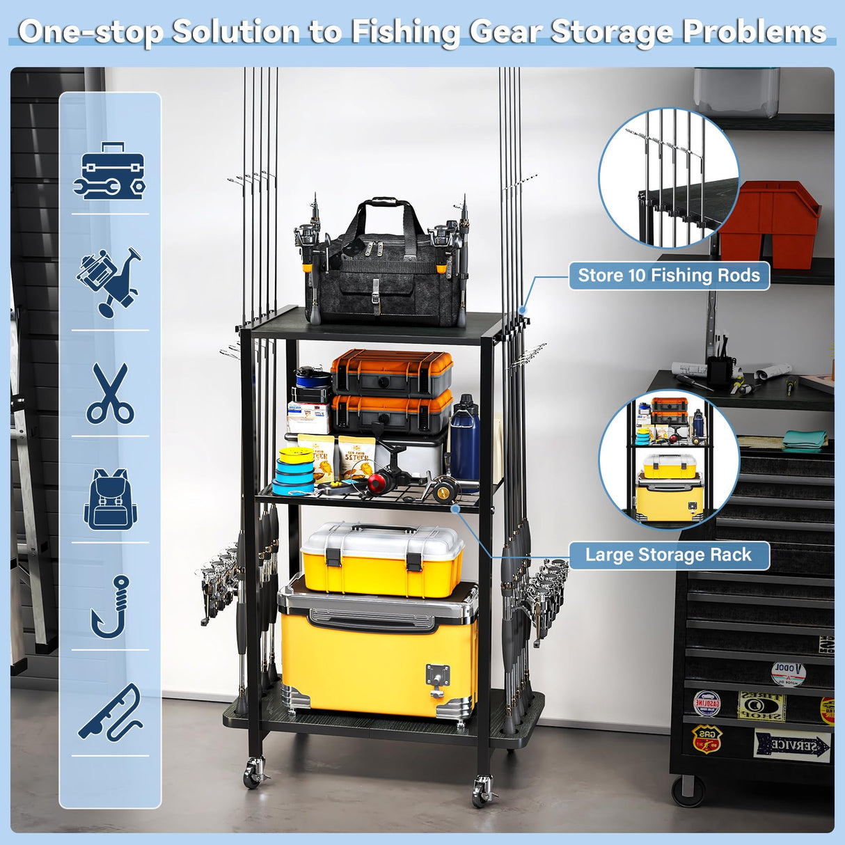 TC-HOMENY Fishing Rod Holder for Garage, Fishing Pole Rack Cart 10 Rod Fit All Fishing Rods, 3 Tier Fishing Tackle Storage Organizer Rack with Storage Bag, Fit For Living Room, Black TC-HOMENY