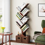 Vagusicc Tree Bookshelf, 6 Tier Bookshelf with Storage, Tall Narrow Bookcase, Rustic Wood Book Storage Rack for CDs/Books, Small Book Organizer Shelves for Bedroom Living Room, Home Office, Brown Vagusicc