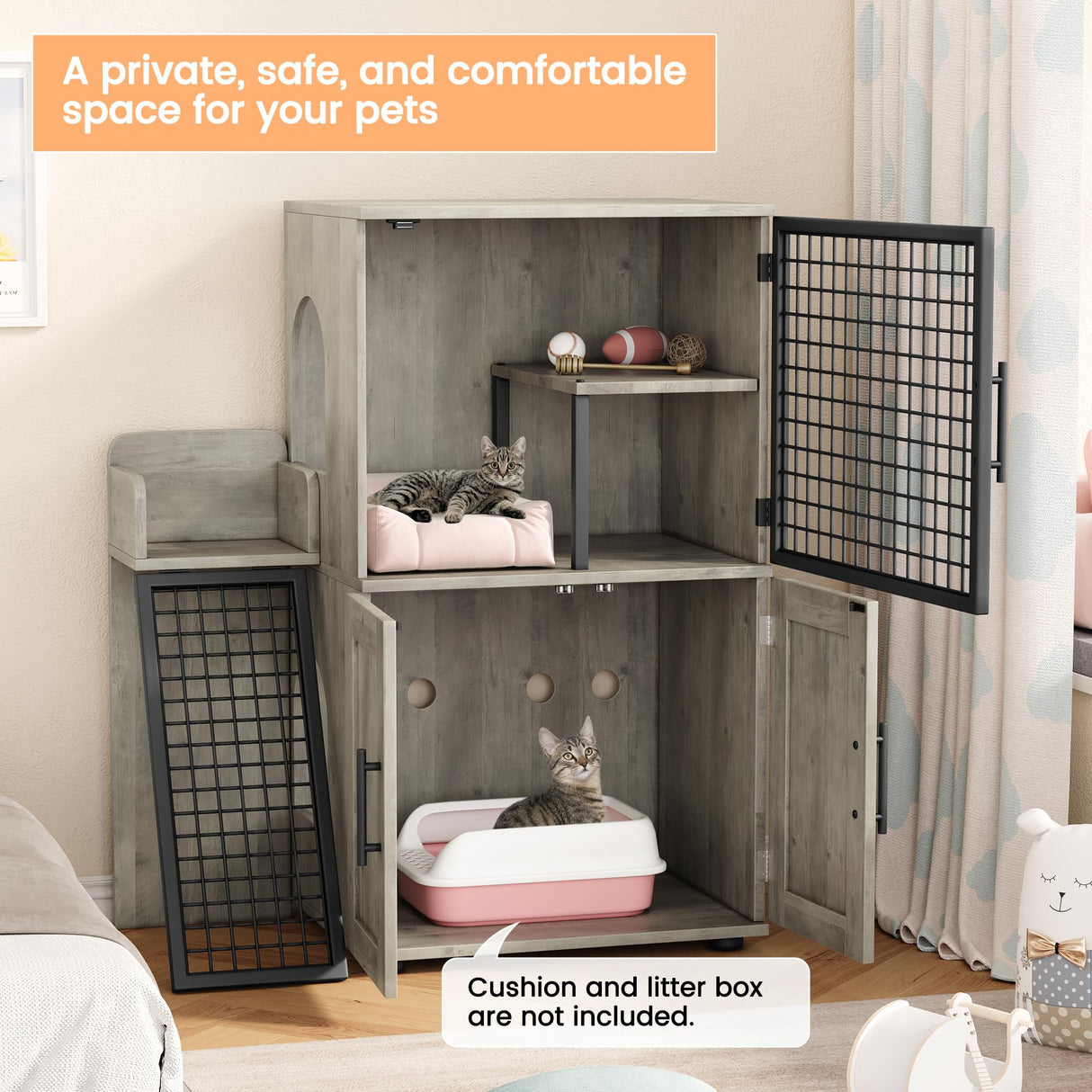 IDEALHOUSE Modern Villa Cat Litter Box Enclosure with Platform, Double Layer Hidden Furniture, Cat House with Ladder, Hidden Washroom, 33.5" L x 17.9" W x 41.9" H, Grey IDEALHOUSE