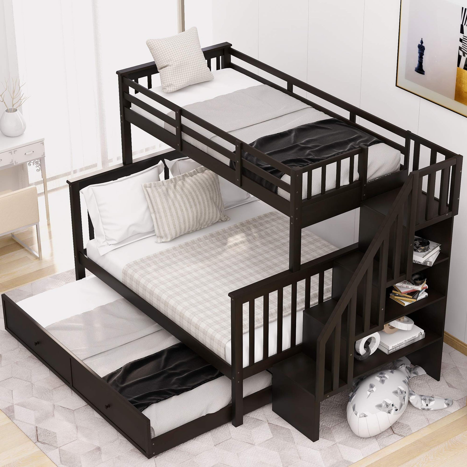 Espresso Twin Over Full Bunk Bed with Trundle and Storage Shelves by Harper & Bright Designs - WoodArtSupply